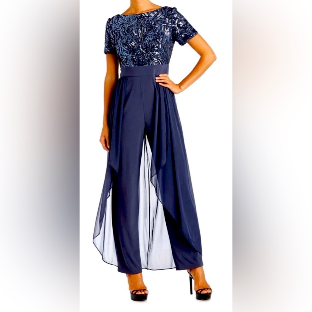 R & M Richards Dark Gray High Low Sequin Jumpsuit - size 14